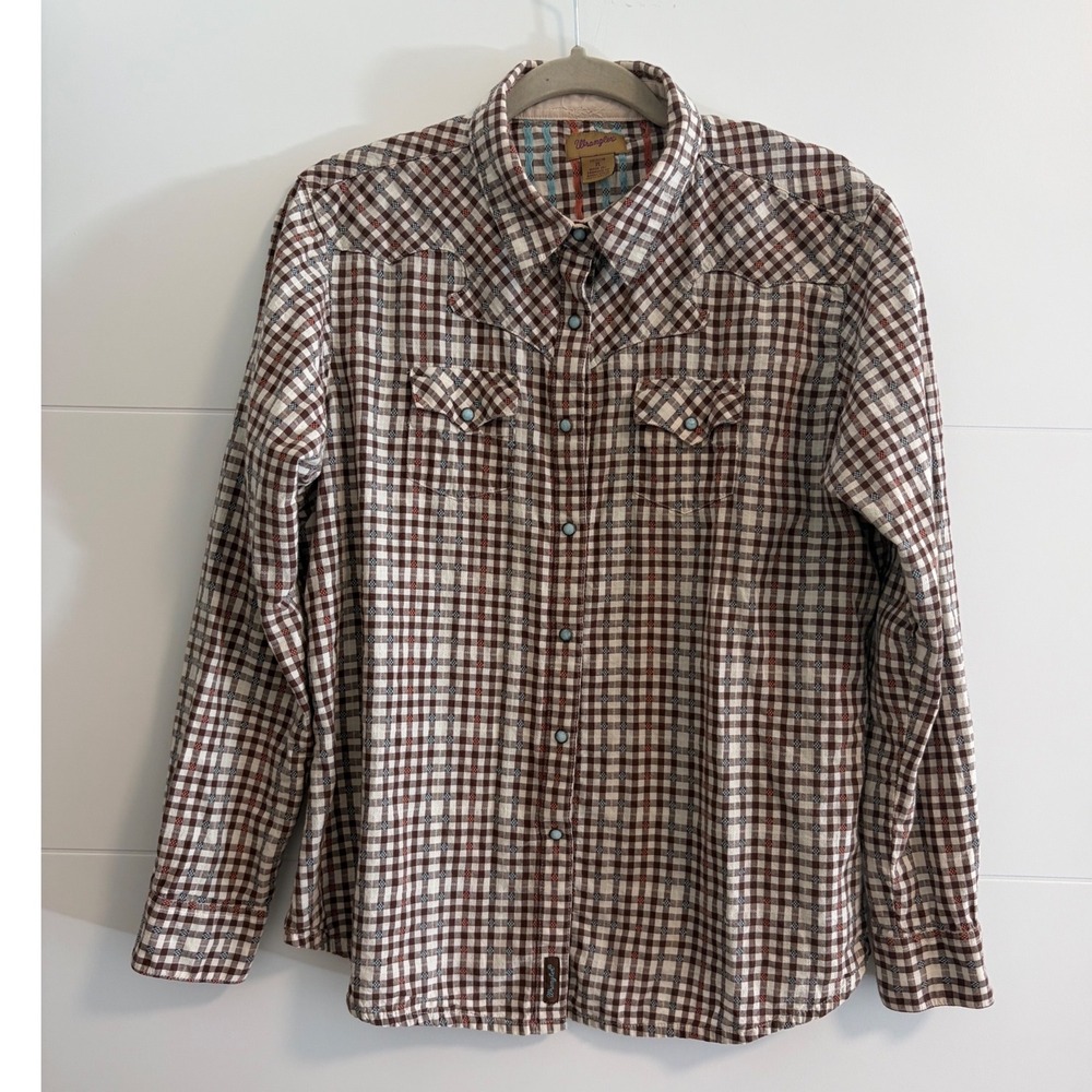 Wrangler Women XL Embroidered Pearl Snap Button Down Brown Plaid  Rodeo Western